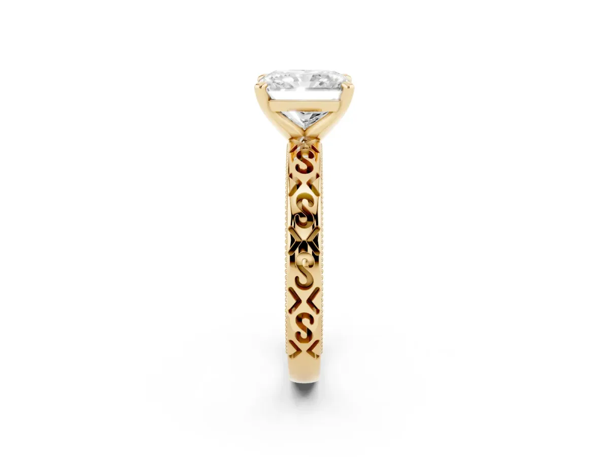 Radiant Cut Solitaire Engagement Ring with Scrollwork Band and Four-Prong Setting Yellow gold