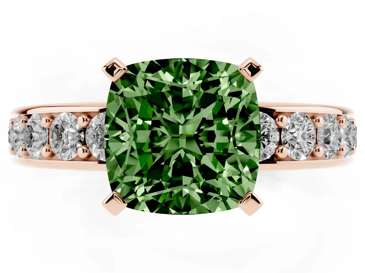 Fancy Green Cushion Cut Diamond Engagement Ring with Channel Set Round Band and Prong Setting Rose gold
