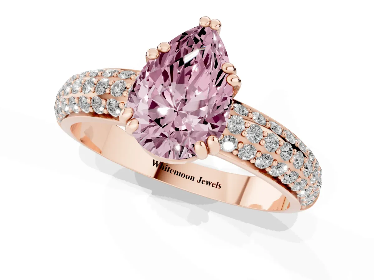 Fancy Pink Pear Cut Diamond Solitaire Ring with Multi-Row Round Pavé Band and Prong Setting Rose gold