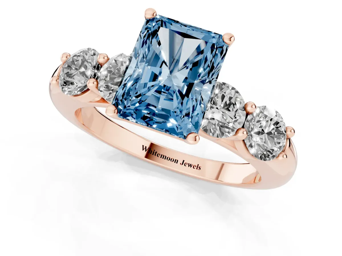 Fancy Blue Radiant Cut Cut Five-Stone Prong Set Diamond Ring with Classic Band Rose gold