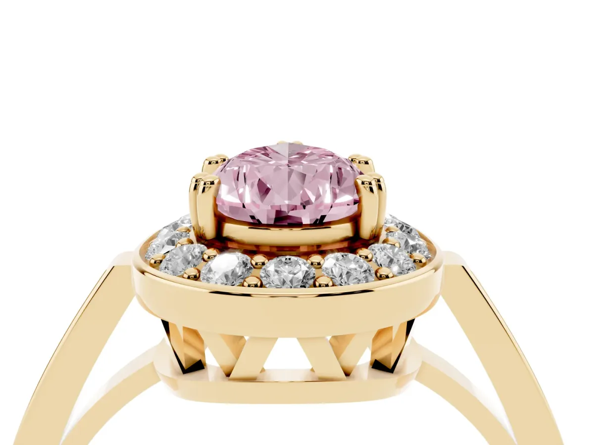 Fancy Pink Pear Cut Diamond Halo Ring with Split Shank and Four-Prong Setting Yellow gold