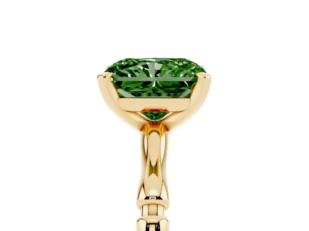 Fancy Green Radiant Cut Solitaire Diamond Ring with Bamboo Band and Four-Prong Setting Yellow gold