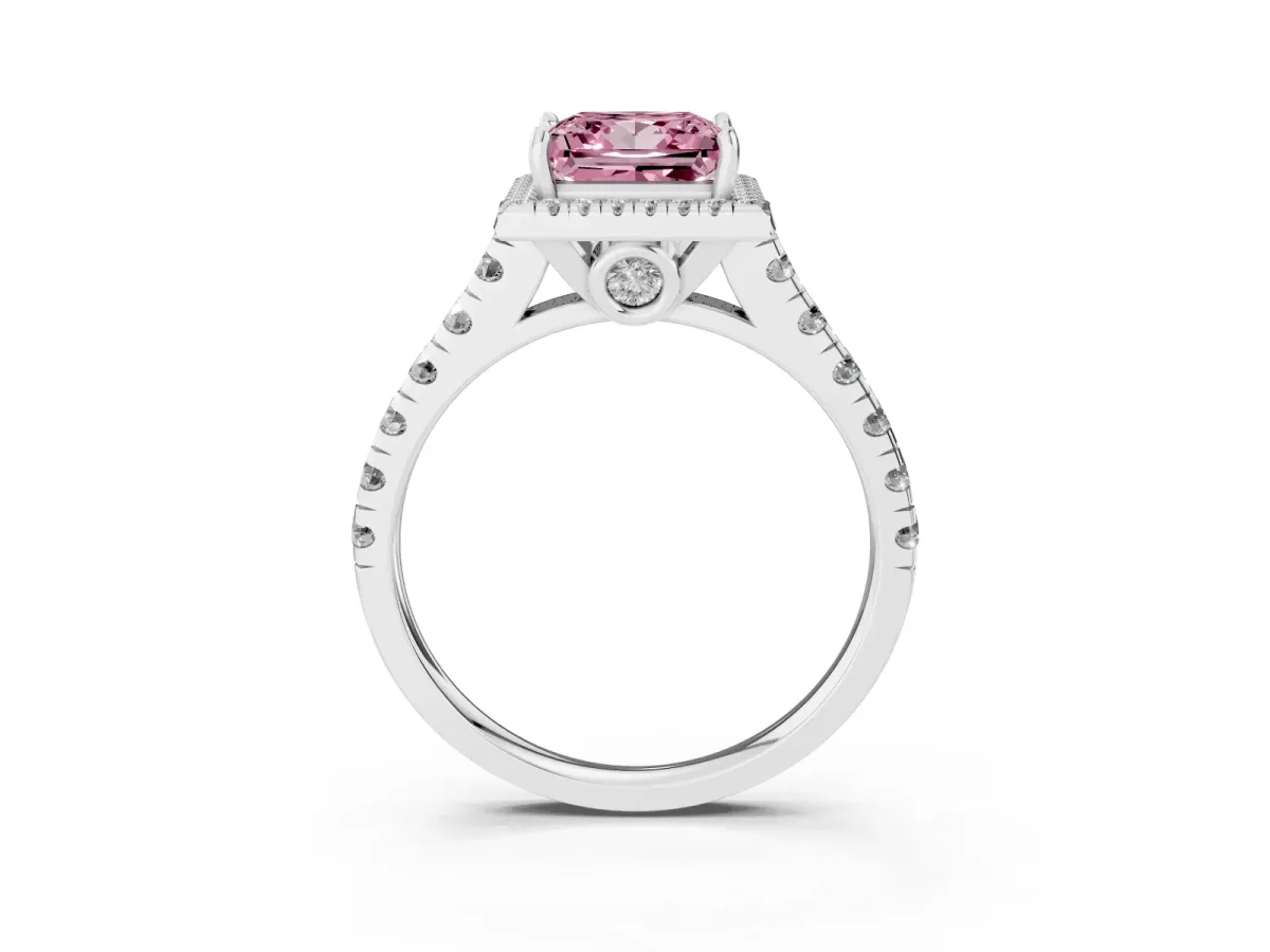 Fancy Pink Princess Cut Halo Pavé Diamond Engagement Ring with Four-Prong Setting Silver