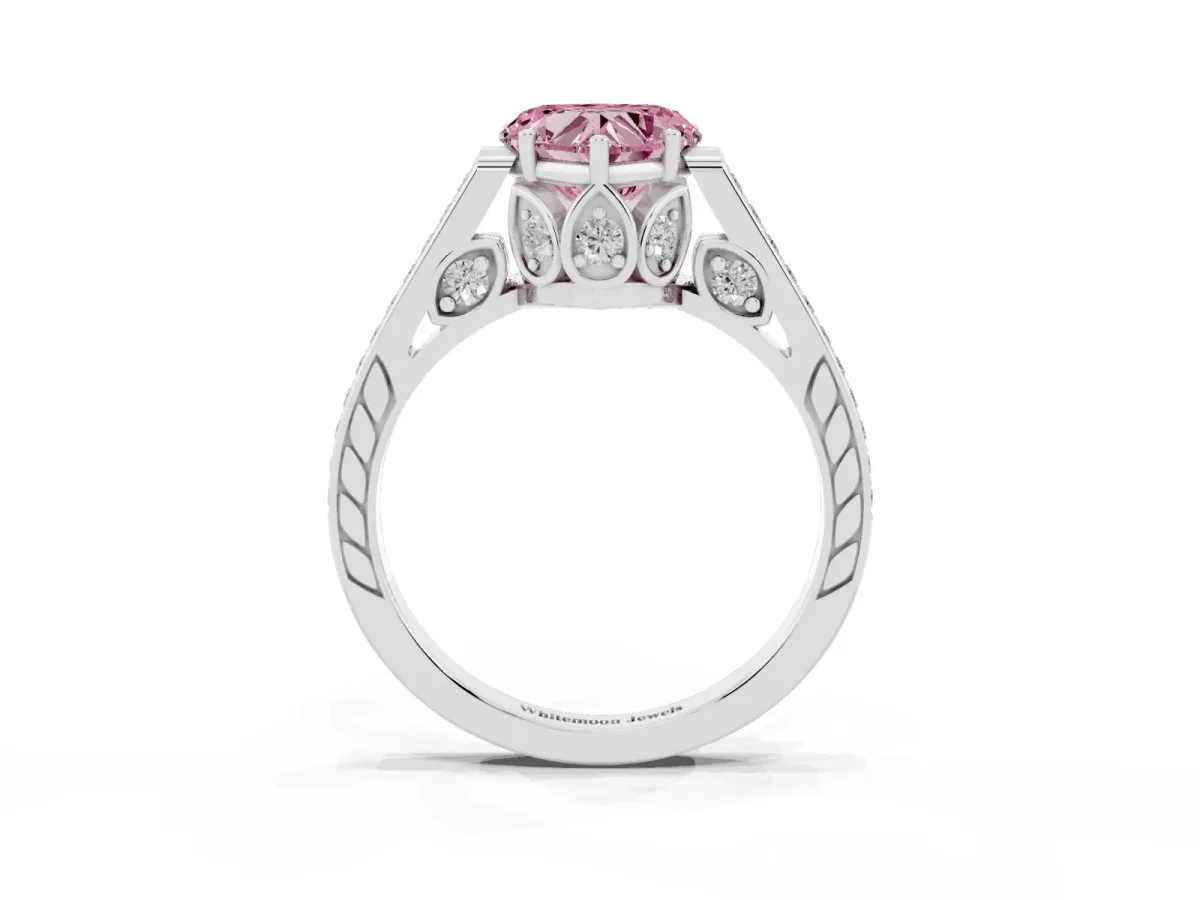 Fancy Pink Heart Cut Cut Cathedral Pave Diamond Engagement Ring with Six-Prong Setting Platinum