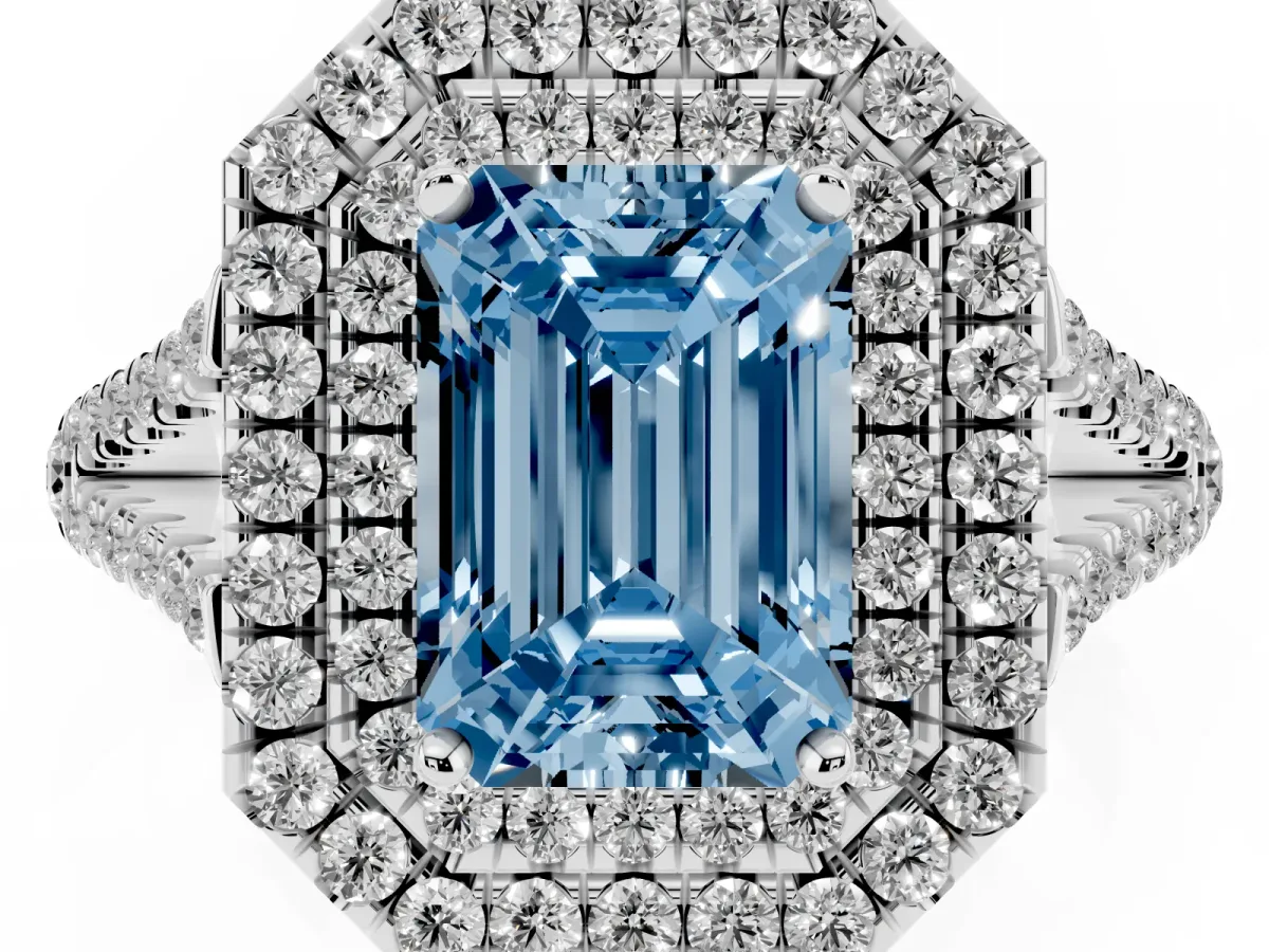 Fancy Blue Emerald Cut Diamond Double Halo Ring with Pavé Band and Prong Setting Silver