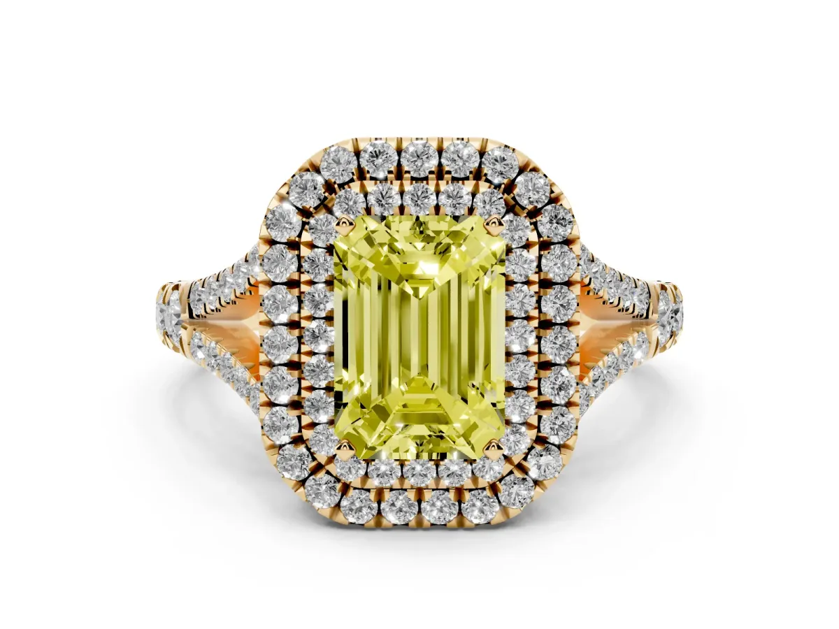 Fancy Yellow Emerald Cut Diamond Pavé Split Shank Double Halo Engagement Ring Yellow gold