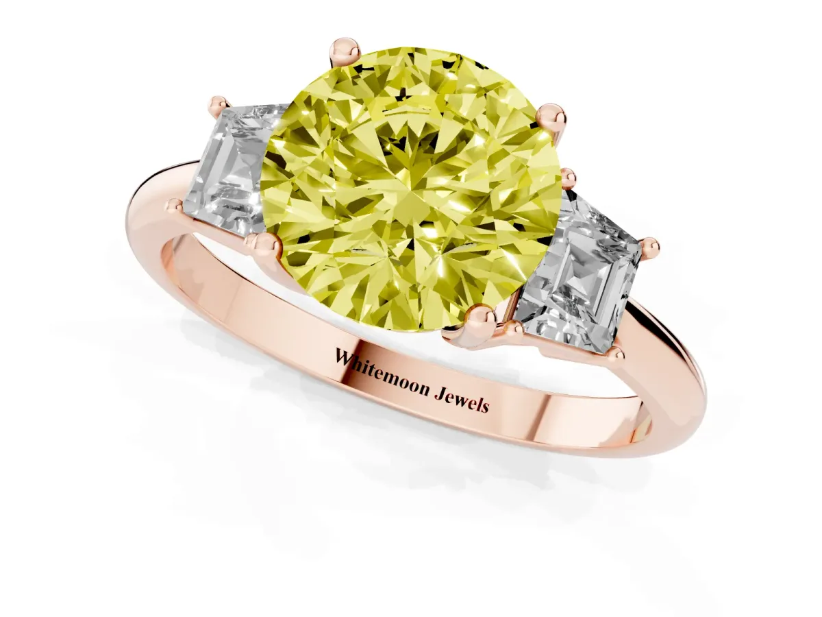 Fancy Yellow Round Cut Diamond Three-Stone Ring with Trapezoid Side Stones and Prong Setting Rose gold