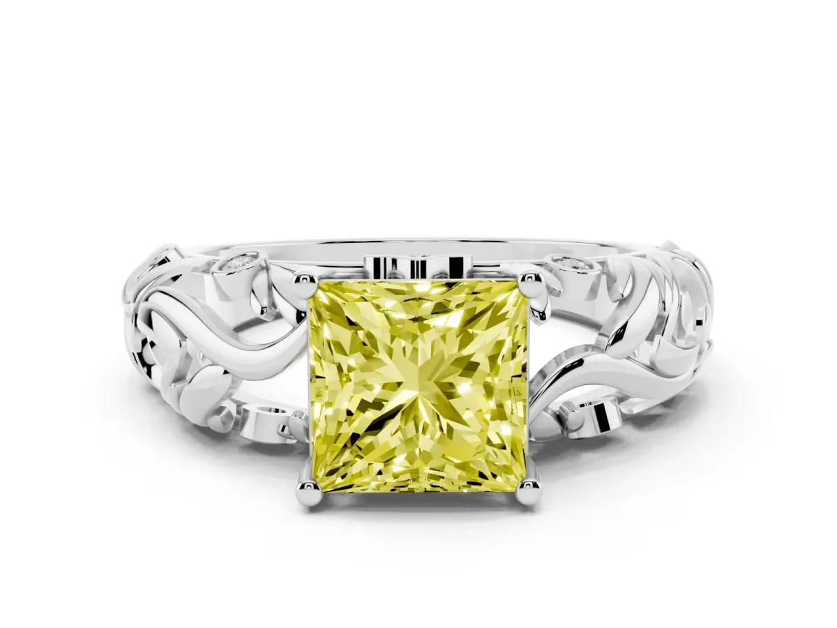 Fancy Yellow Princess Cut Solitaire Diamond Leaf-Inspired Vine Band Ring with Prong Setting Platinum