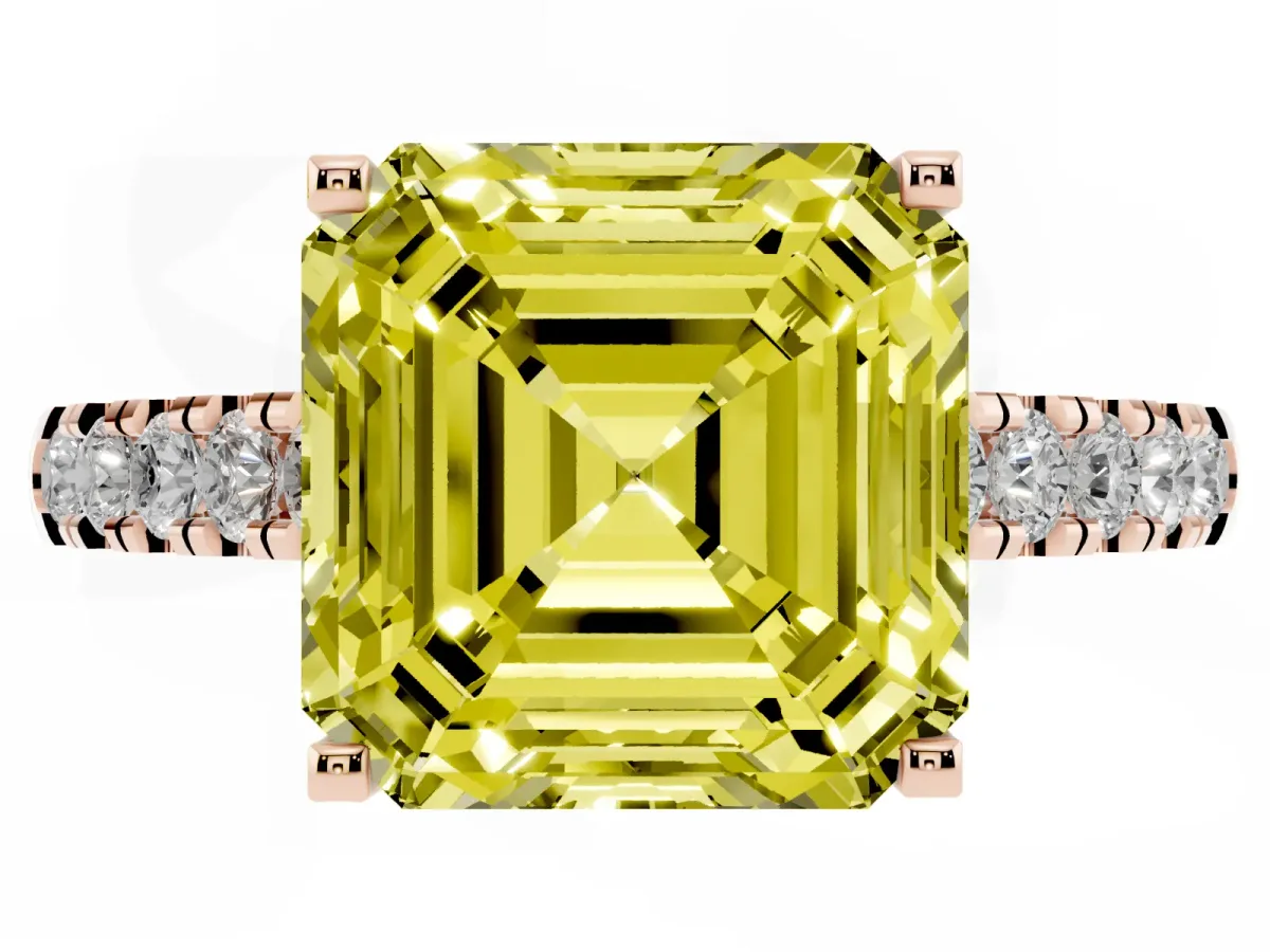 Fancy Yellow Asscher Cut Diamond Pavé Band Solitaire Ring with Prong Setting Rose gold