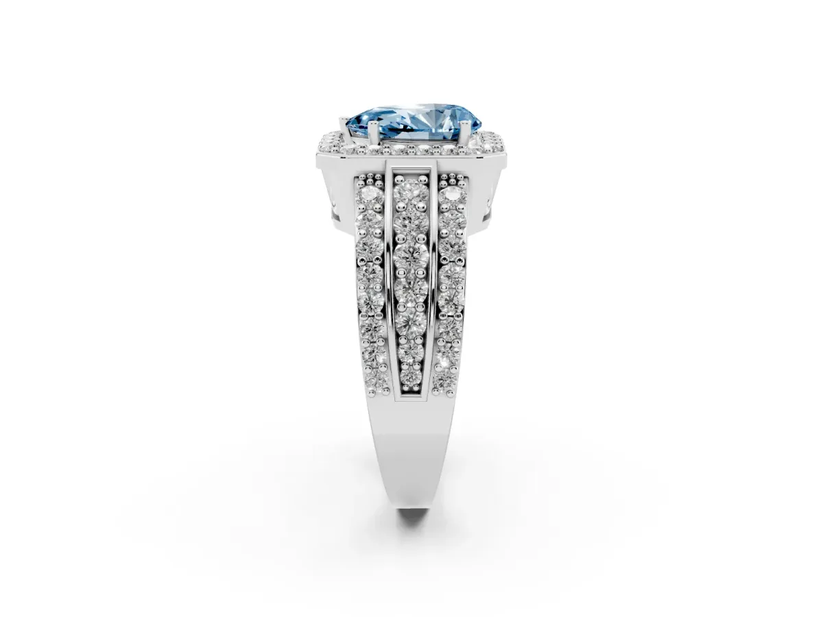 Fancy Blue Pear Cut Halo Diamond Ring with Round Split Shank and Prong Setting Platinum