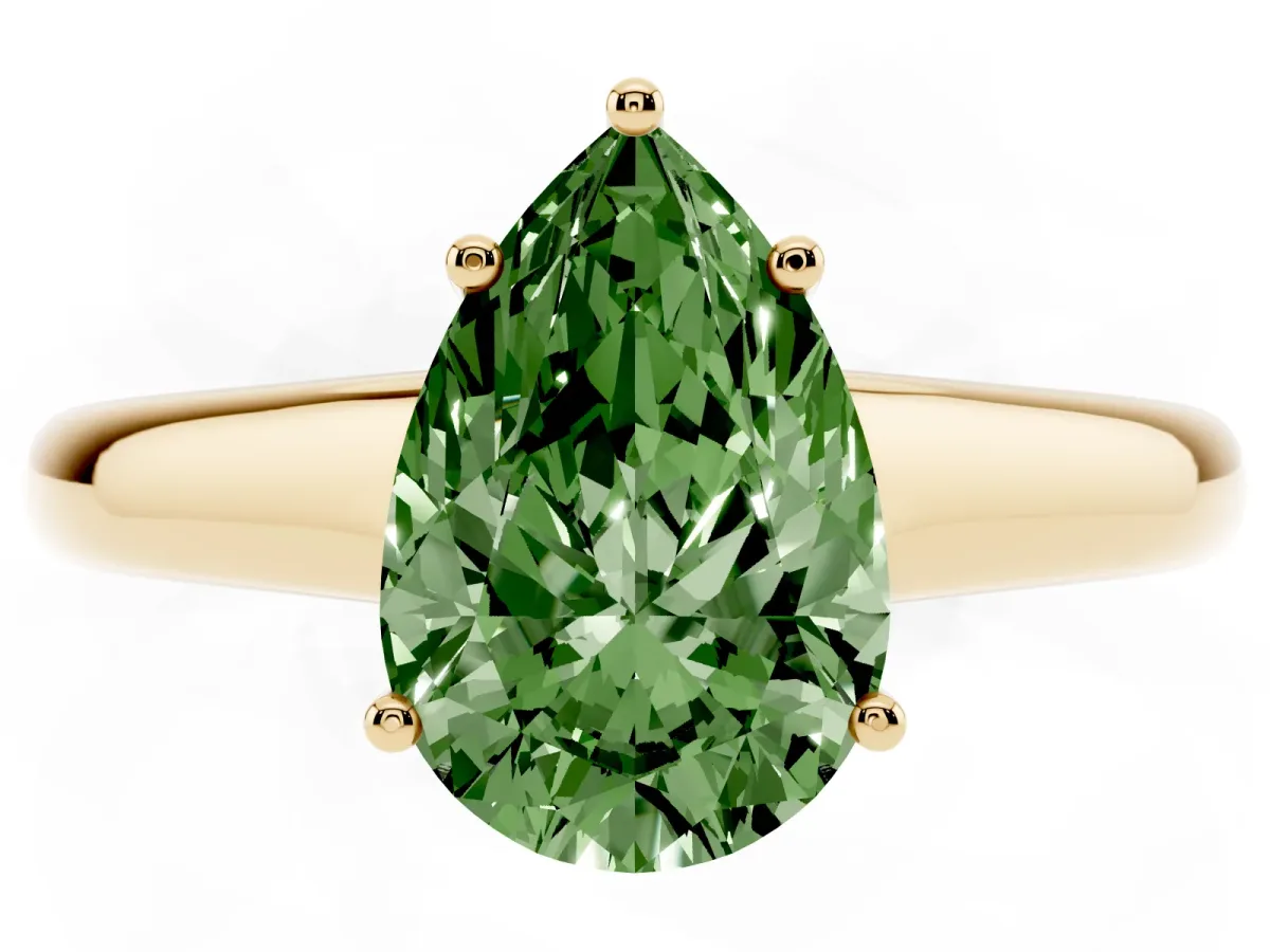 Fancy Green Pear Cut Solitaire Engagement Ring with Tapered Band and Four-Prong Setting Yellow gold