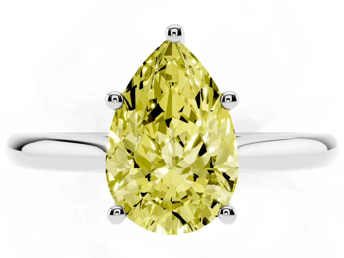 Fancy Yellow Pear Cut Cut Solitaire Ring with Cathedral Band and Four-Prong Setting Silver