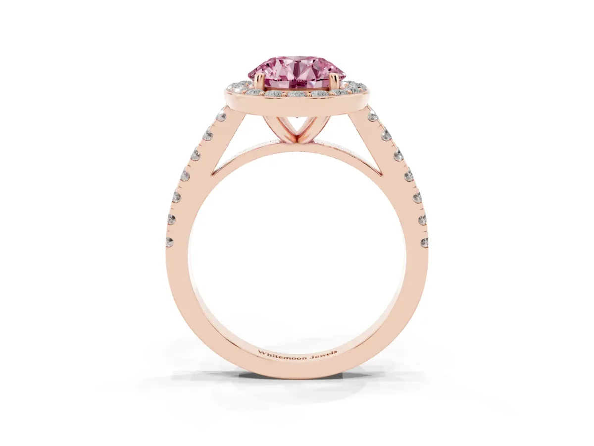 Fancy Pink Round Cut Diamond Halo Ring with Round Pavé Split Shank and Prong Setting Rose gold