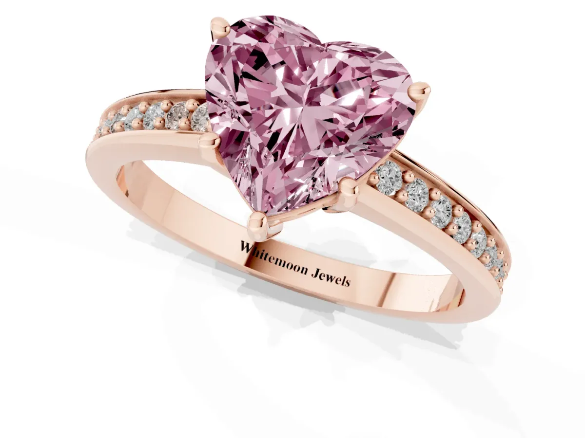 Fancy Pink Heart Cut Solitaire Pavé Band Prong Setting Ring Rose gold