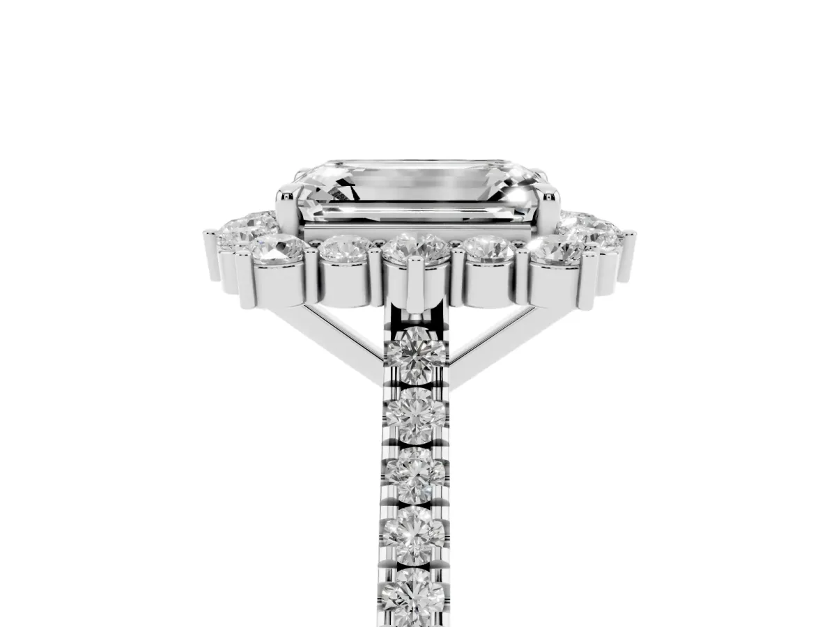 Emerald Cut Halo Diamond Ring with Pavé Band and Prong Setting Silver