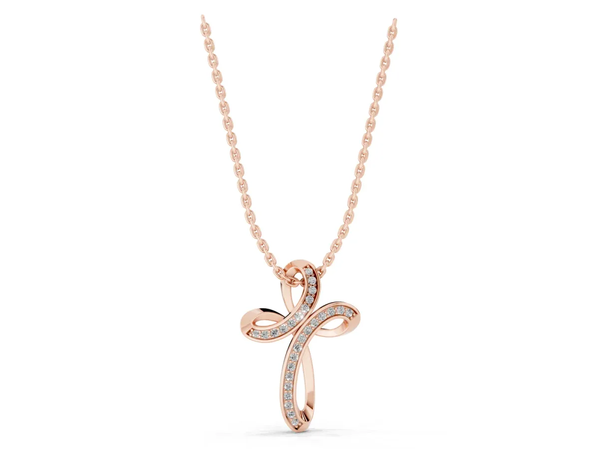 Pavé Round Diamond Prong Cross Pendant Rose gold
