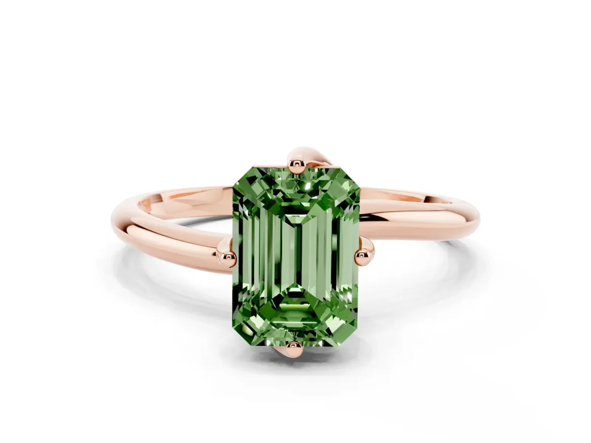 Fancy Green Emerald Cut Diamond Solitaire Engagement Ring with Four-Prong Setting and Classic Band Rose gold