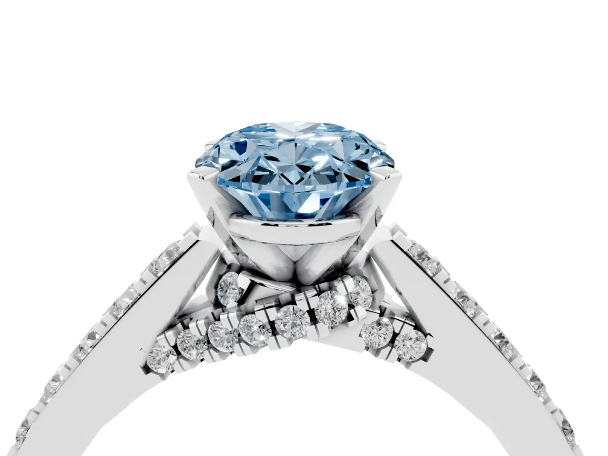 Fancy Blue Oval Cut Diamond Solitaire Ring with Crossover Gallery and Round Pavé Band Silver