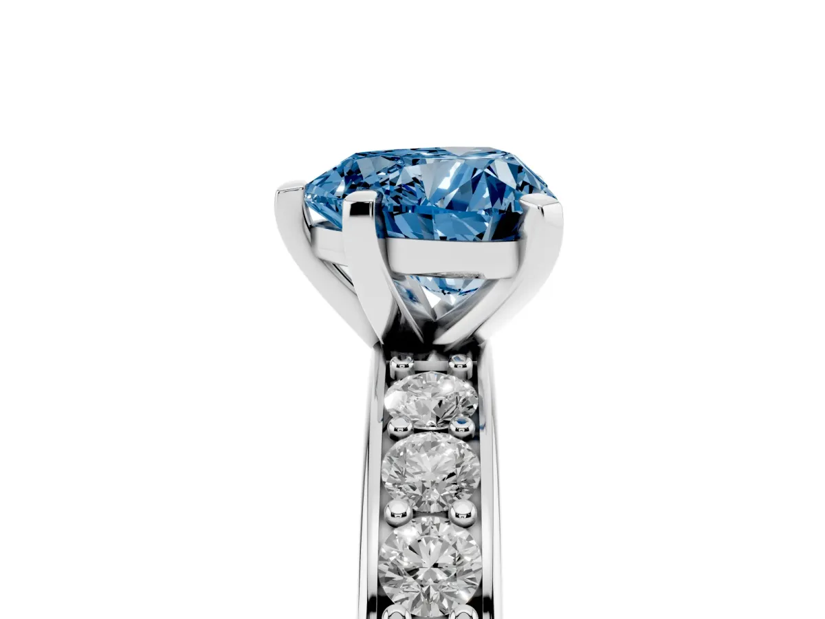Fancy Blue Heart Cut Diamond Engagement Ring with Channel Set Round Band and Prong Setting Silver