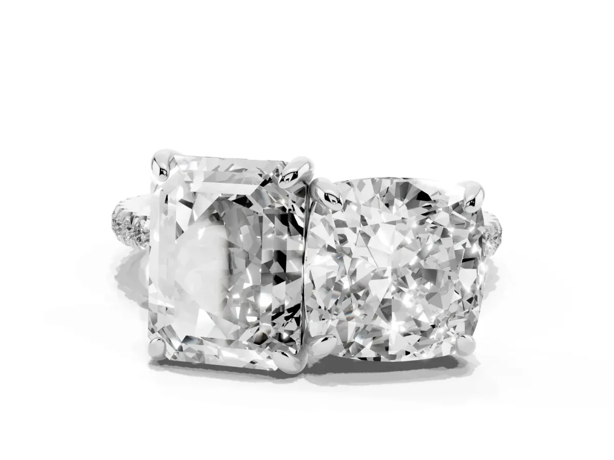 Cushion and Emerald Toi Moi Ring with Prong Setting and Micro Pave Band Platinum