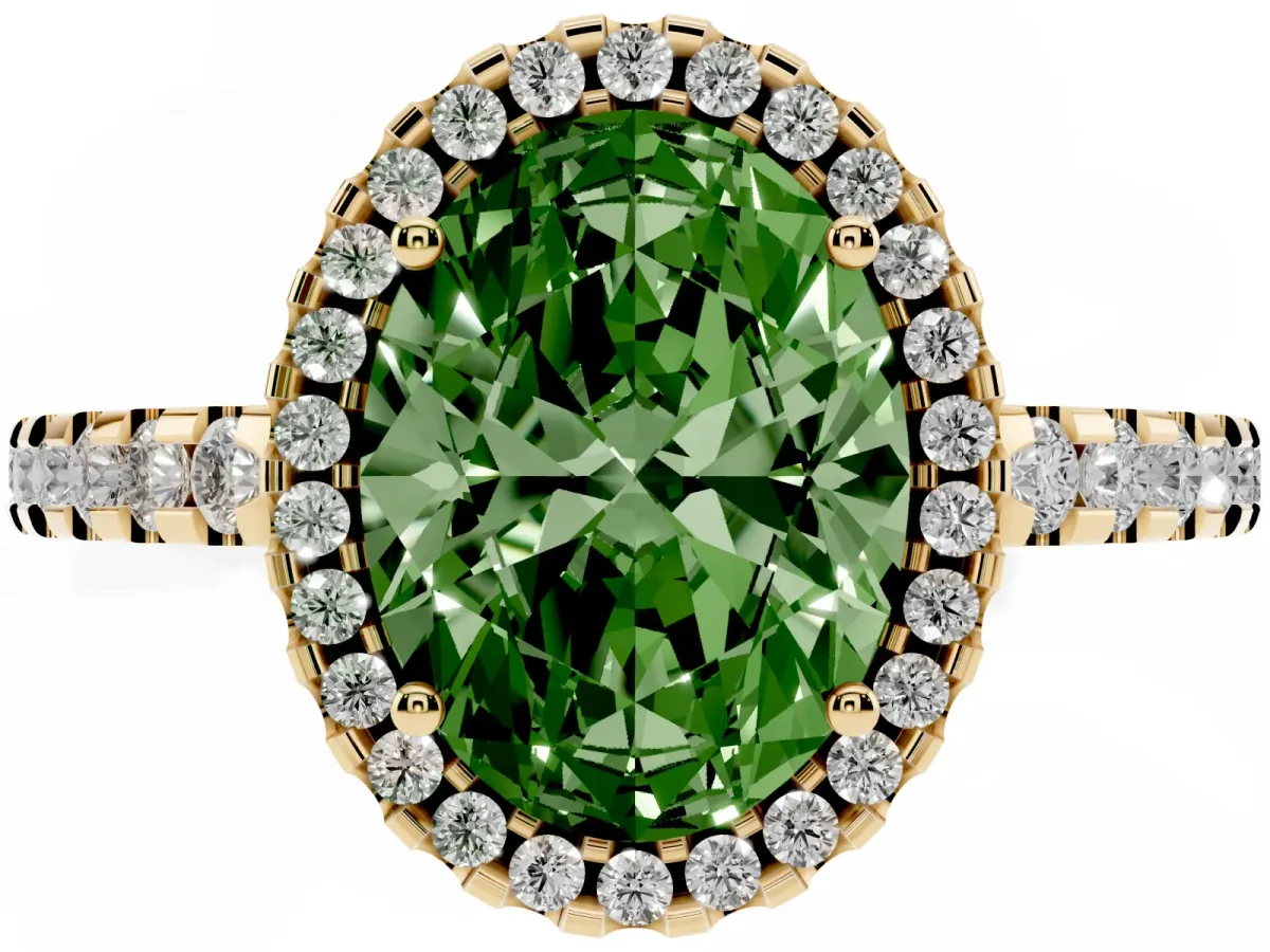 Fancy Green Oval Cut Diamond Halo Engagement Ring with Pavé Band and Prong Setting Yellow gold