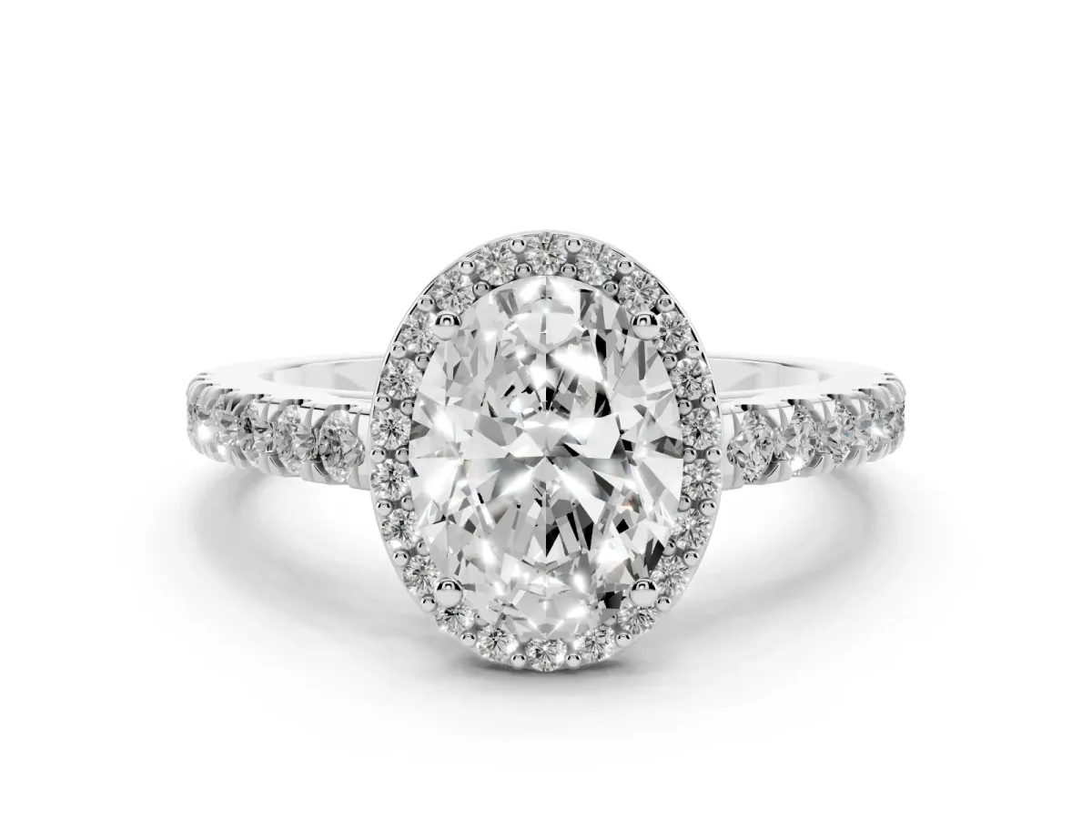 Oval Cut Cut Halo Diamond Engagement Ring with Pave Band and Four-Prong Setting Silver