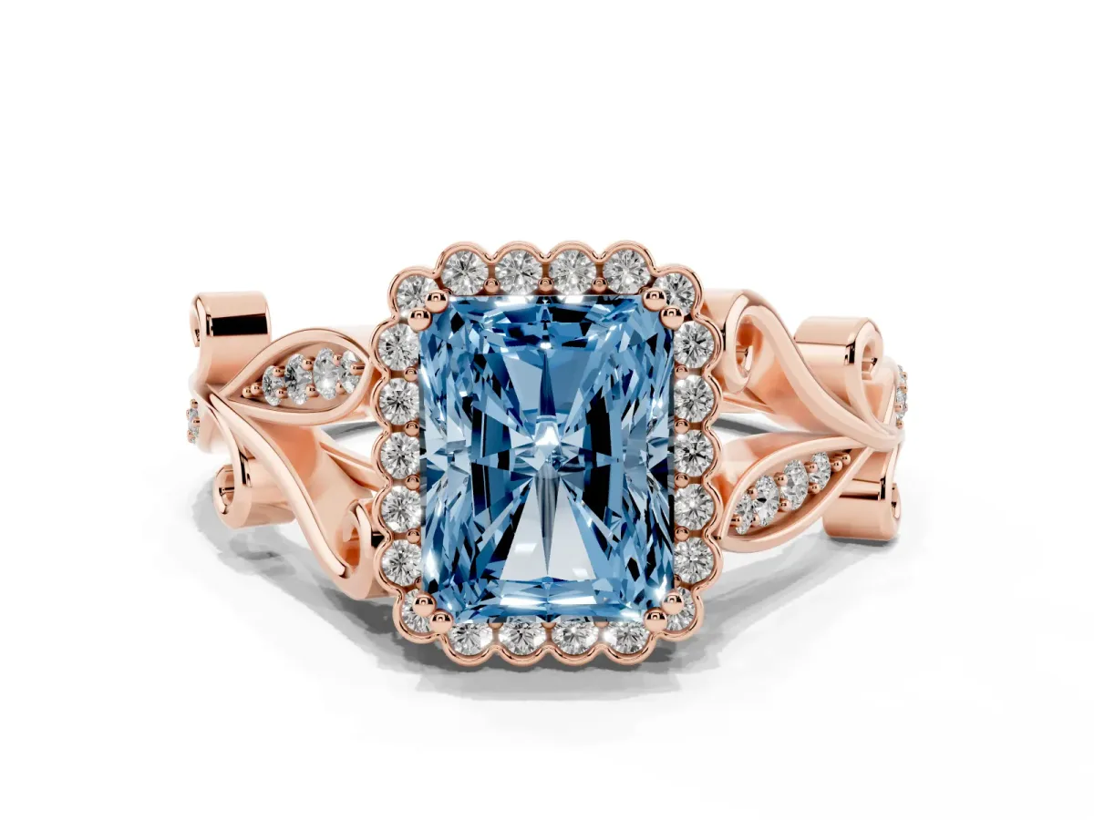 Fancy Blue Radiant Cut Diamond Halo Ring with Vintage Split Shank and Four-Prong Setting Rose gold