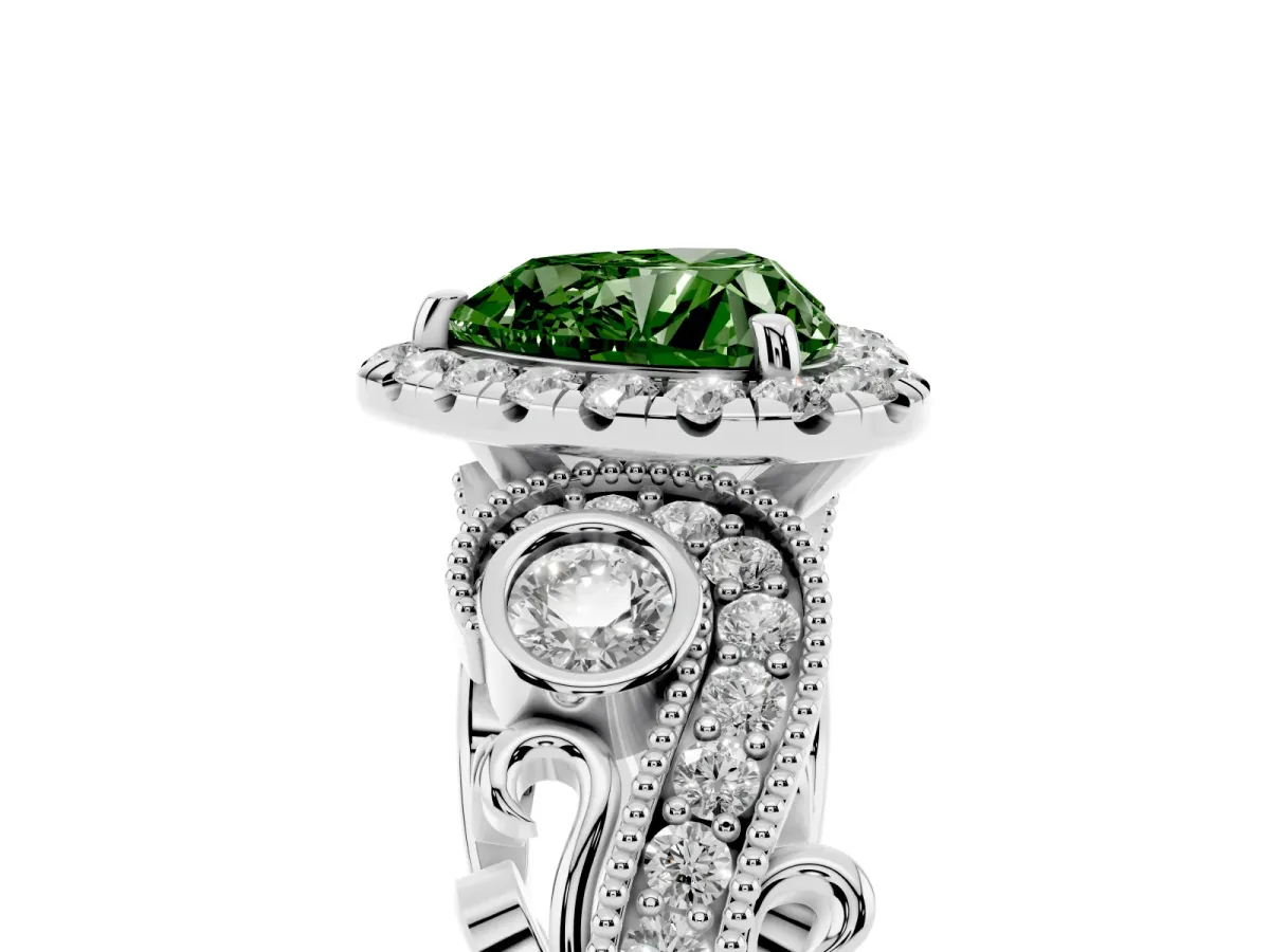 Fancy Green Heart Cut Halo Diamond Ring with Milgrain and Bezel Accents on a Split Shank Band White gold