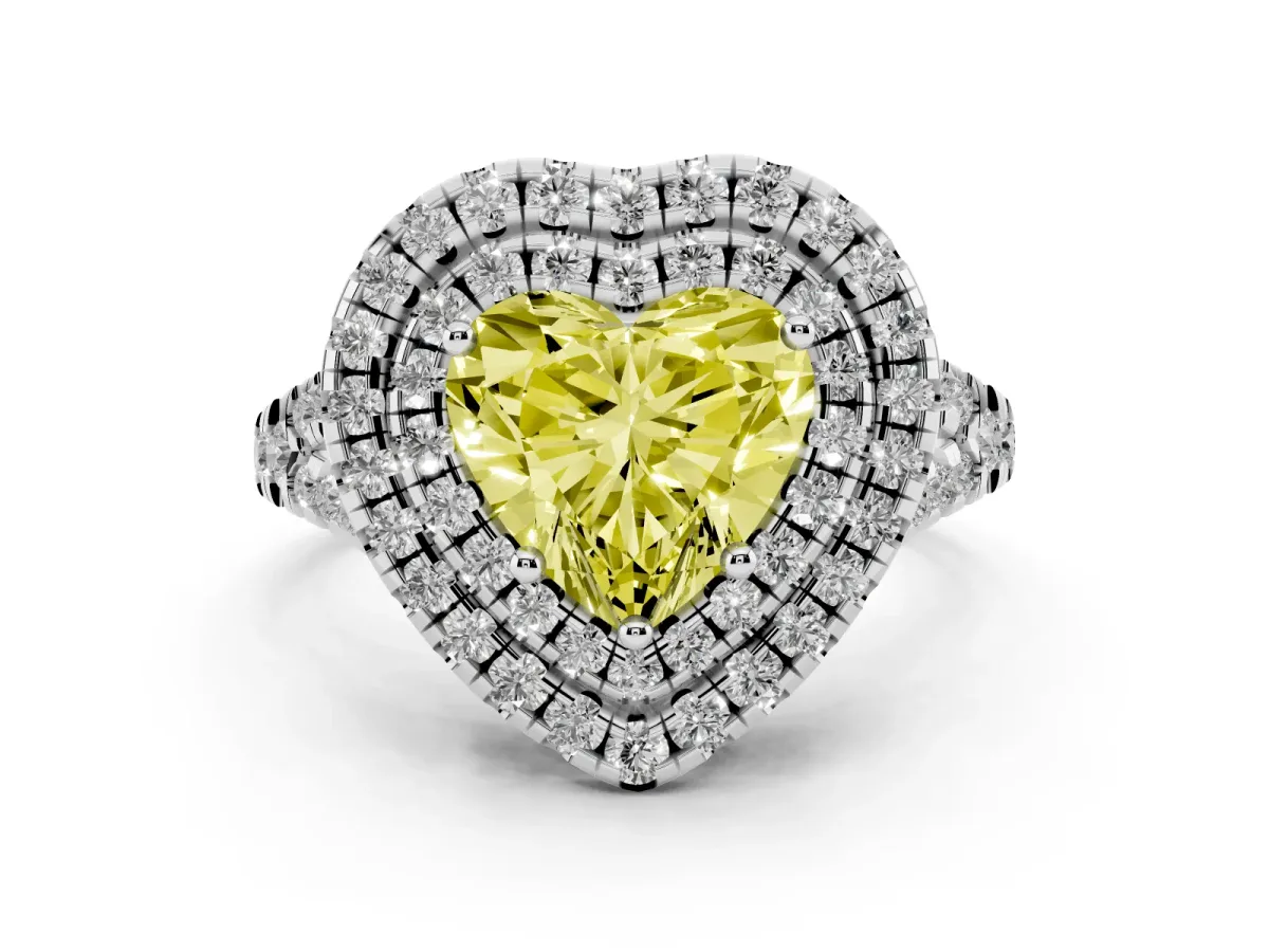 Fancy Yellow Double Halo Heart Cut Diamond Pavé Split Shank Ring with Prong Setting Silver