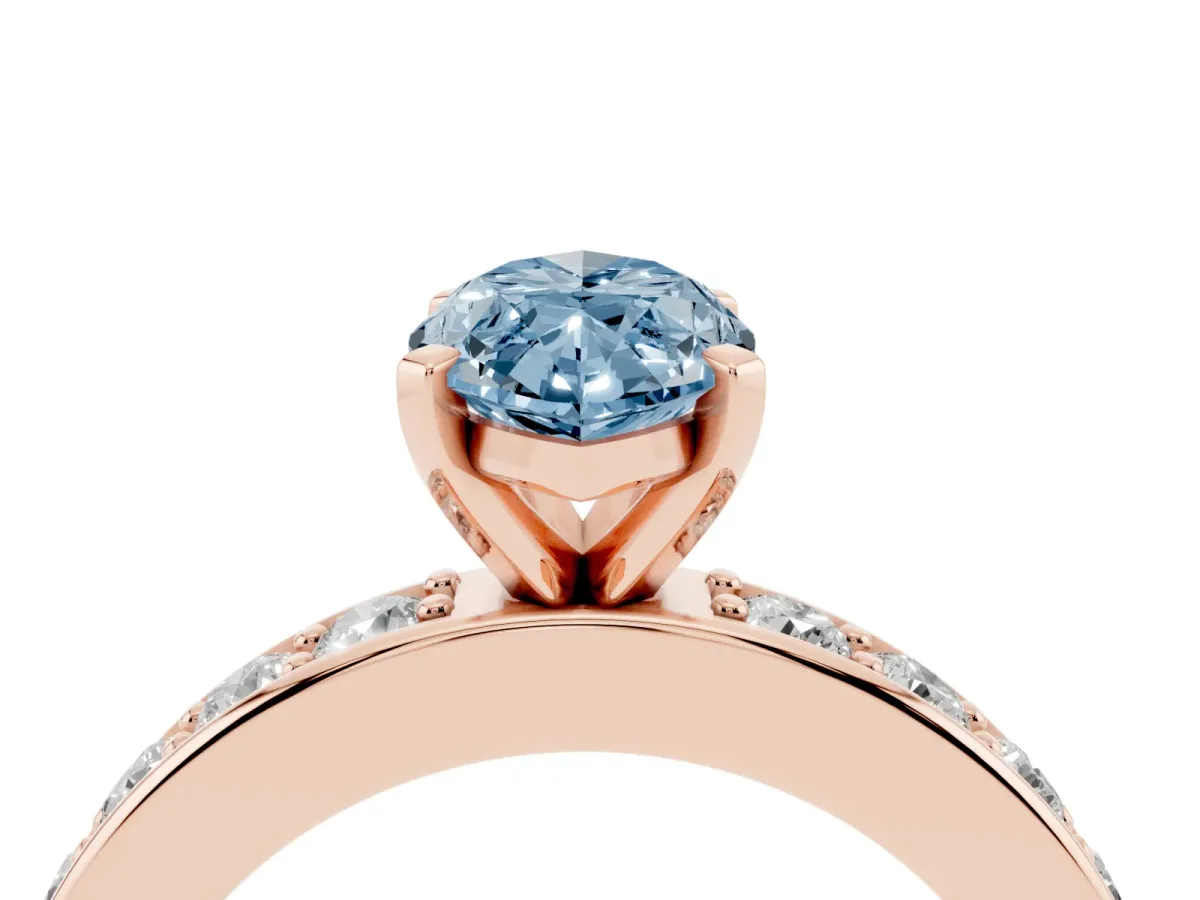 Fancy Blue Marquise Cut Diamond Engagement Ring with Channel Set Round Band and Prong Setting Rose gold
