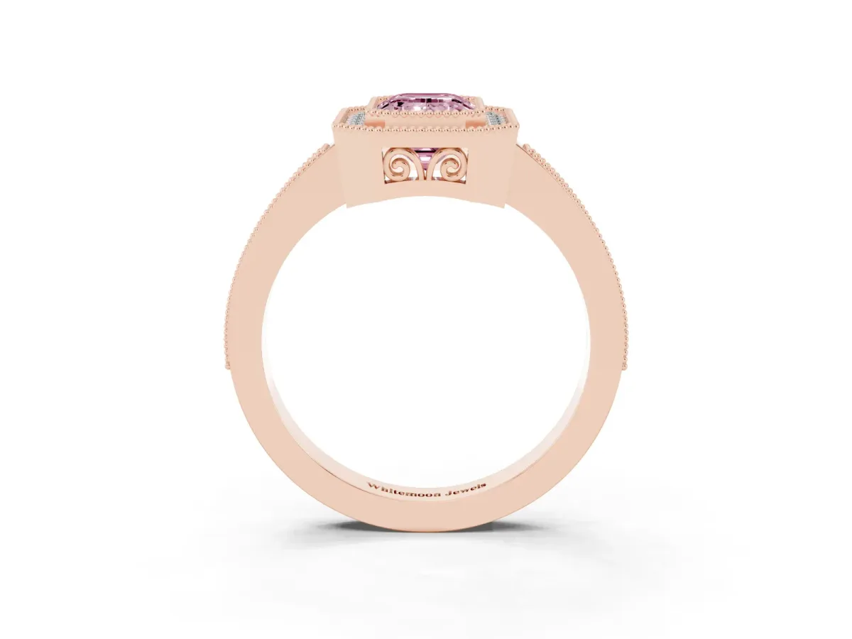 Fancy Pink Emerald Cut Cut Halo Diamond Ring with Pavé Band and Milgrain Prong Setting Rose gold