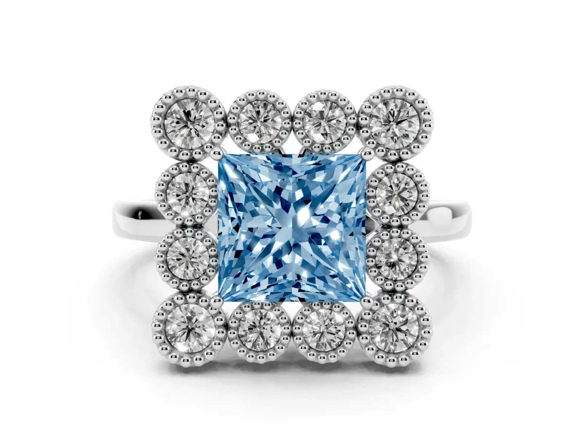 Fancy Blue Princess Cut Halo Diamond Cluster Engagement Ring with Milgrain Bezel Setting and Solitaire Band Silver