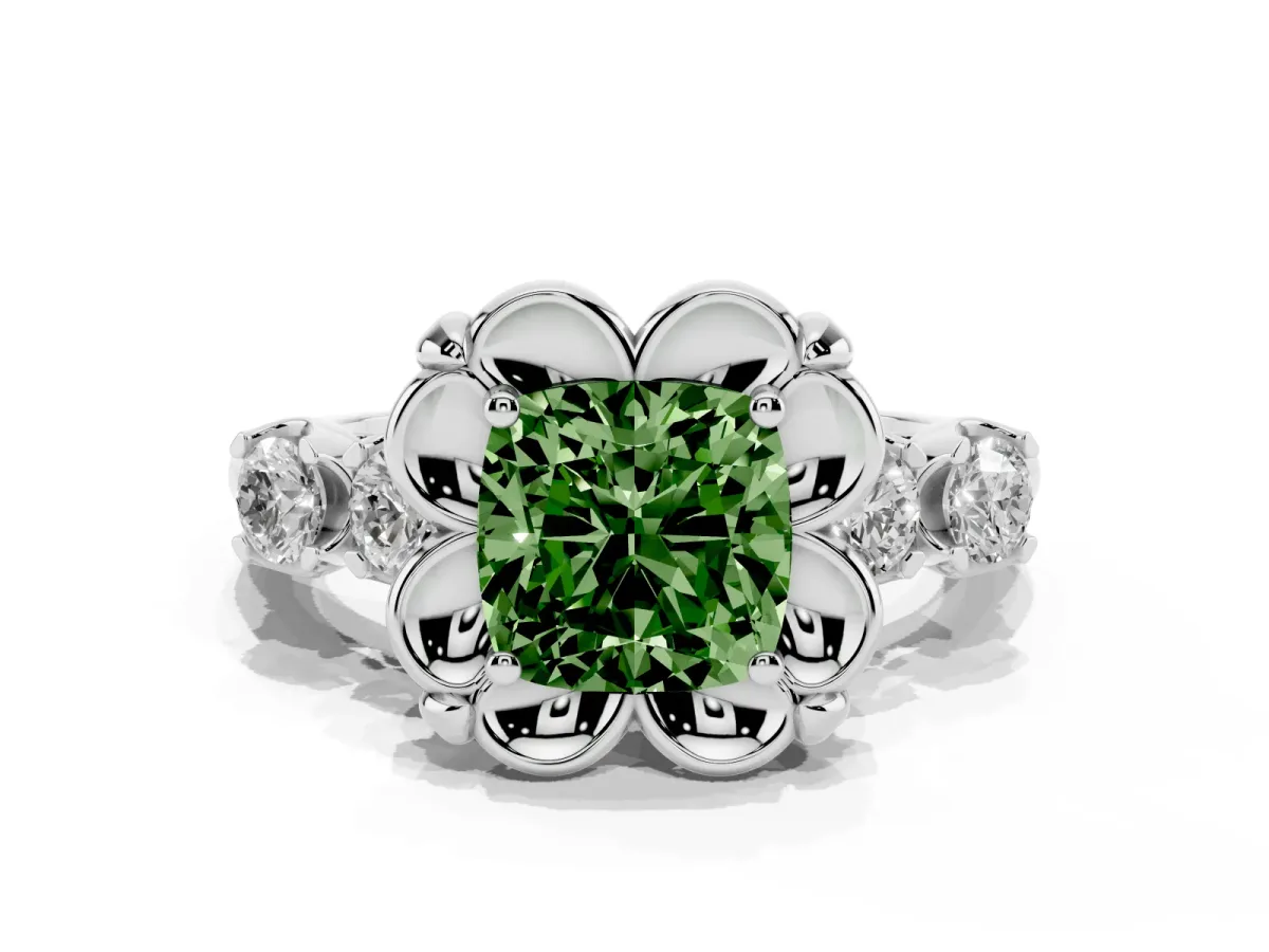 Fancy Green Cushion Cut Cut Diamond Floral Halo Engagement Ring with Shared Prong Setting White gold