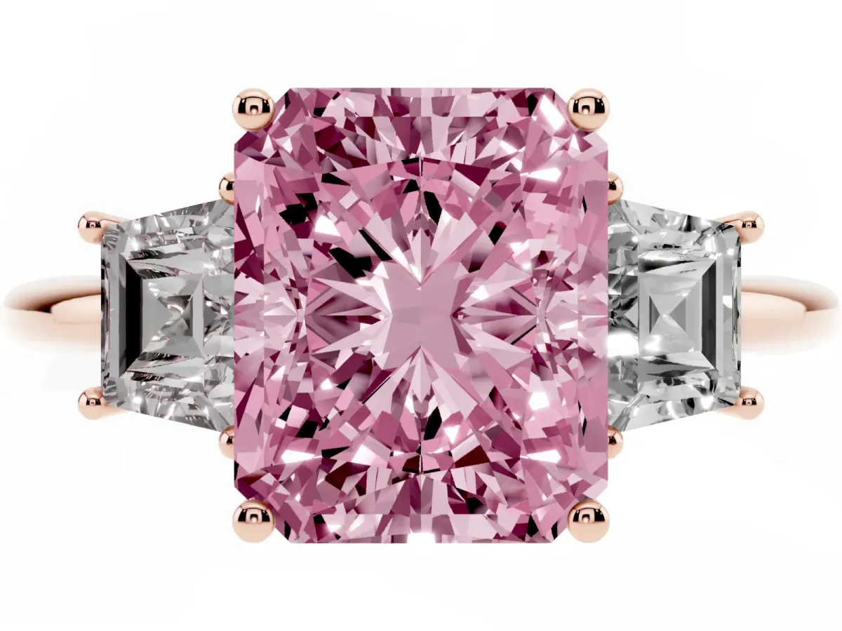 Fancy Pink Radiant Cut Diamond Three-Stone Ring with Trapezoid Side Stones and Prong Setting Rose gold
