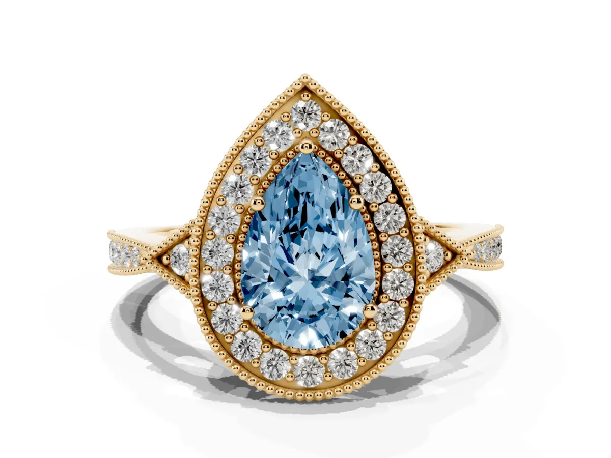 Fancy Blue Pear Cut Halo Round Diamond Milgrain Pave Engagement Ring Yellow gold
