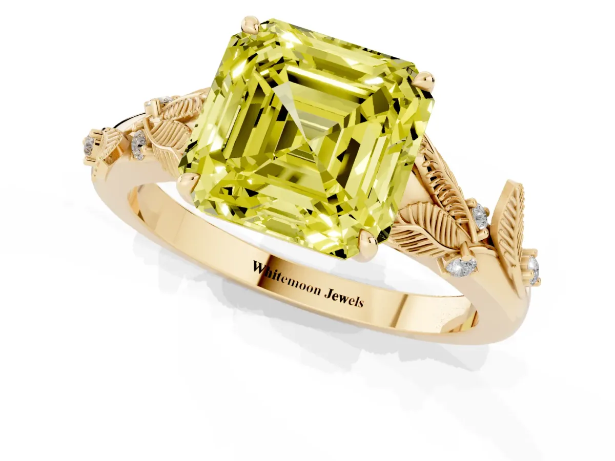 Fancy Yellow Asscher Cut Diamond Solitaire Ring with Leaf Motif Band and Four-Prong Setting Yellow gold