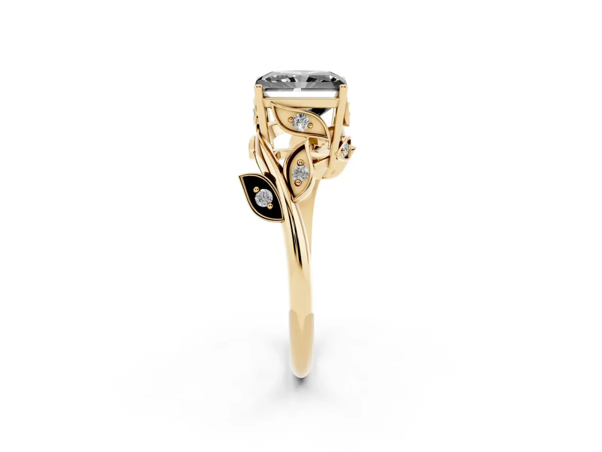 Fancy Black Radiant Cut Solitaire Twist Engagement Ring with Leaf Accents and Prong Setting Yellow gold