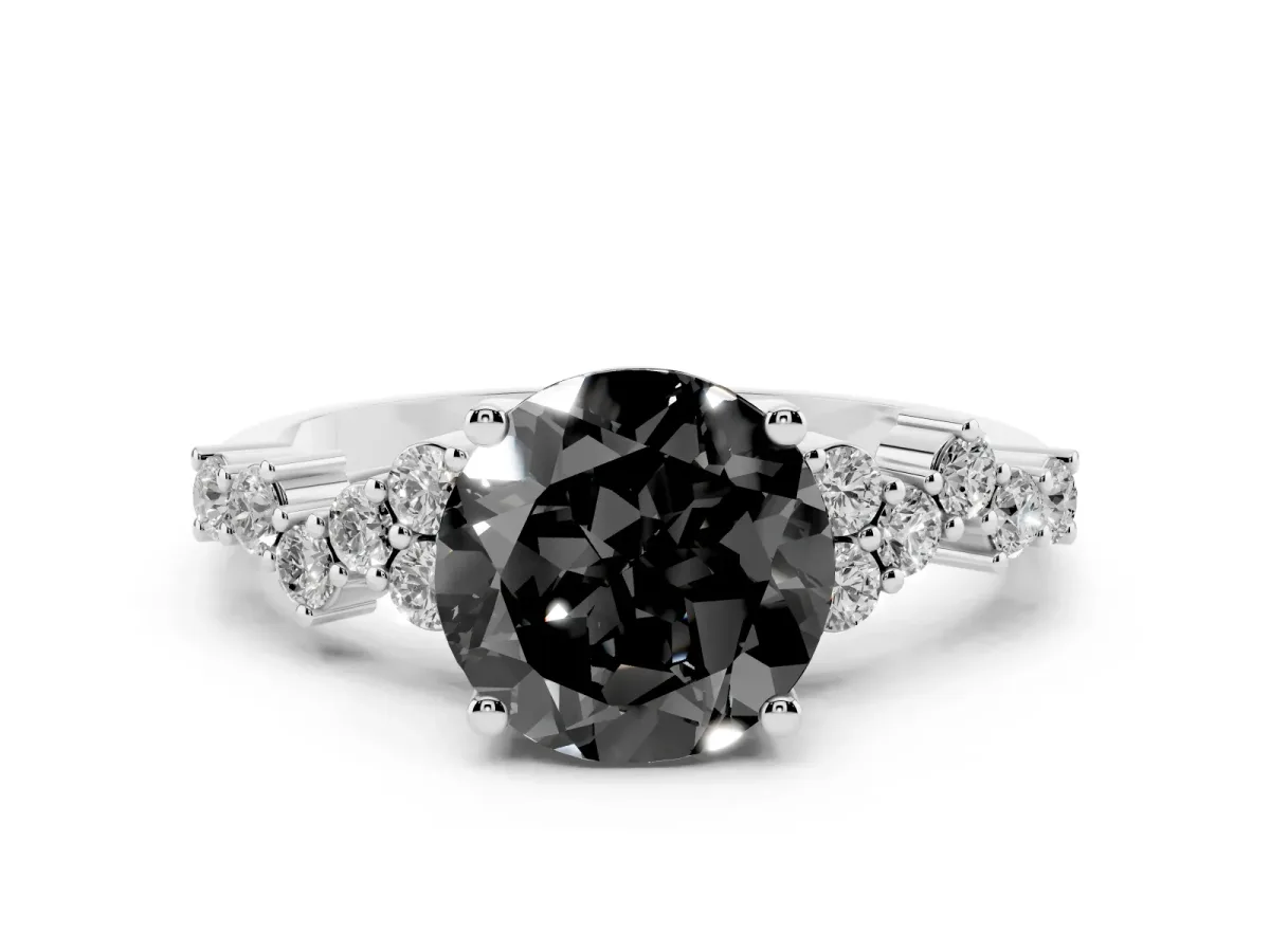 Fancy Black Round Cut Diamond Scattered Round Accent Ring with Prong Setting Silver