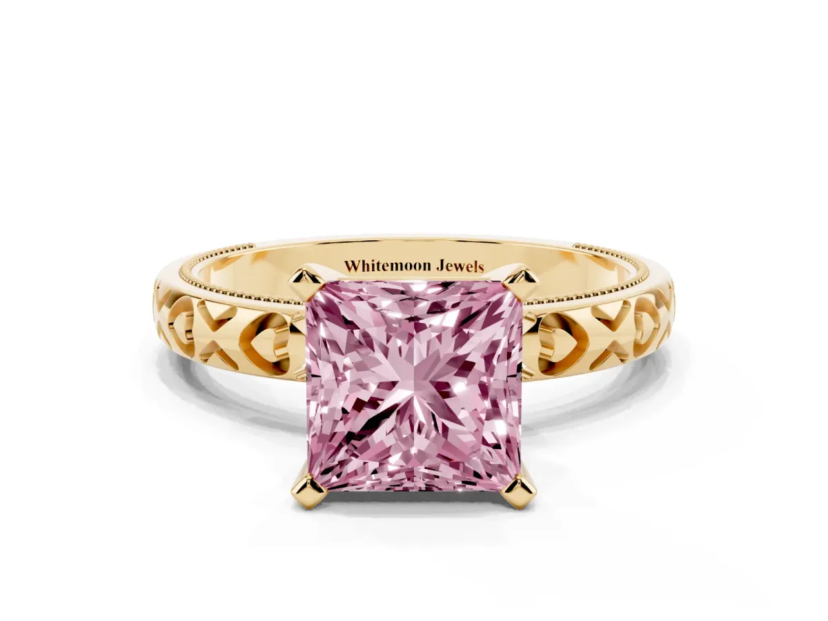 Fancy Pink Princess Cut Solitaire Diamond Engagement Ring with XO Engraved Band and Four-Prong Setting Yellow gold