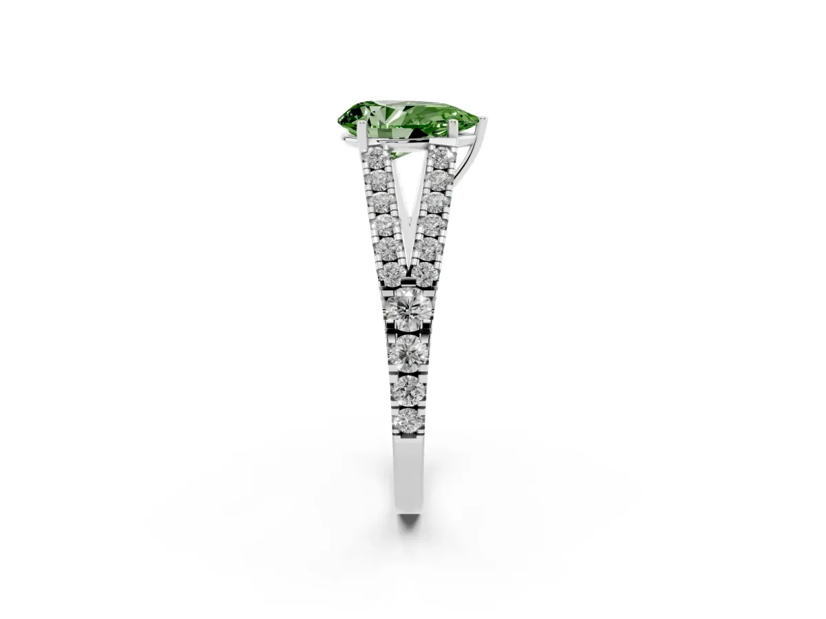 Fancy Green Pear Cut Diamond Split Shank Pavé Engagement Ring with Four-Prong Setting Platinum