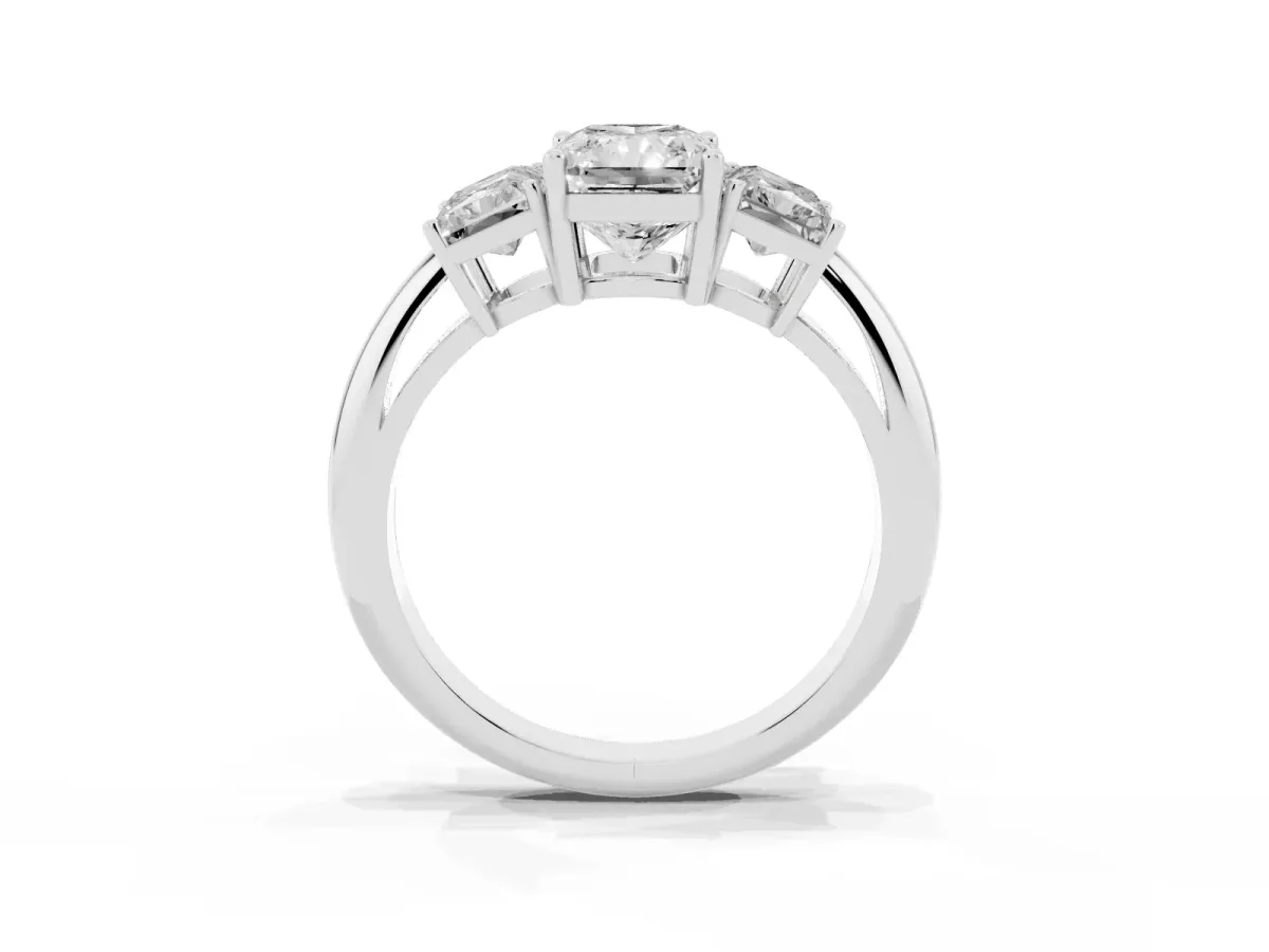 Three-Stone Radiant Cut Cut Diamond Engagement Ring with Prong Setting on a White Gold Band Platinum