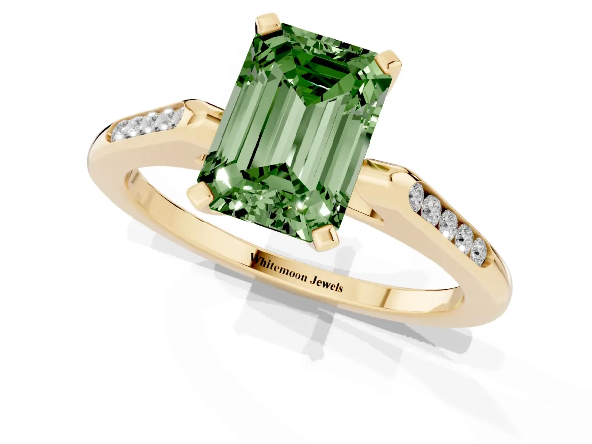Fancy Green Emerald Cut Diamond Solitaire Ring with Channel Set Round Band and Prong Setting Yellow gold