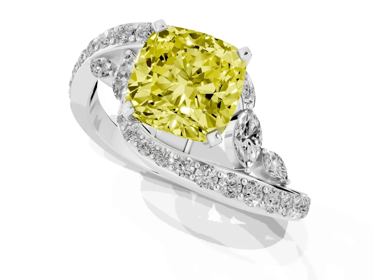 Fancy Yellow Cushion Cut Diamond Solitaire Ring with Filigree Band and Four-Prong Setting Silver