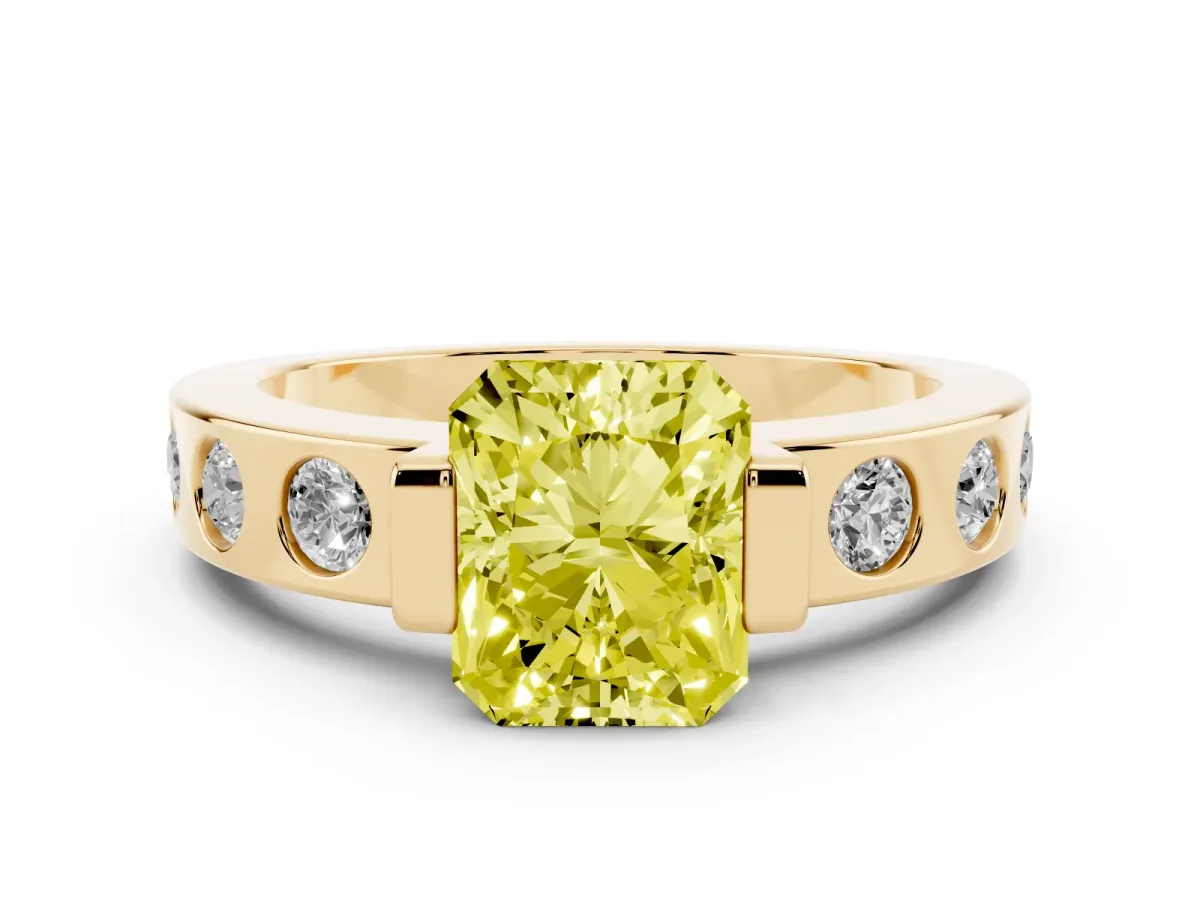 Fancy Yellow Radiant Cut Brilliant Channel-Set Diamond Ring with Bezel Prong Setting Yellow gold