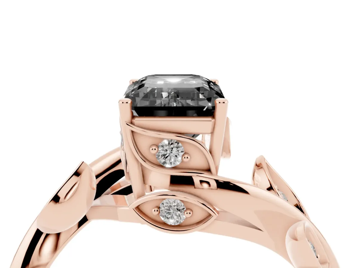 Fancy Black Emerald Cut Solitaire Twist Engagement Ring with Leaf Accents and Prong Setting Rose gold