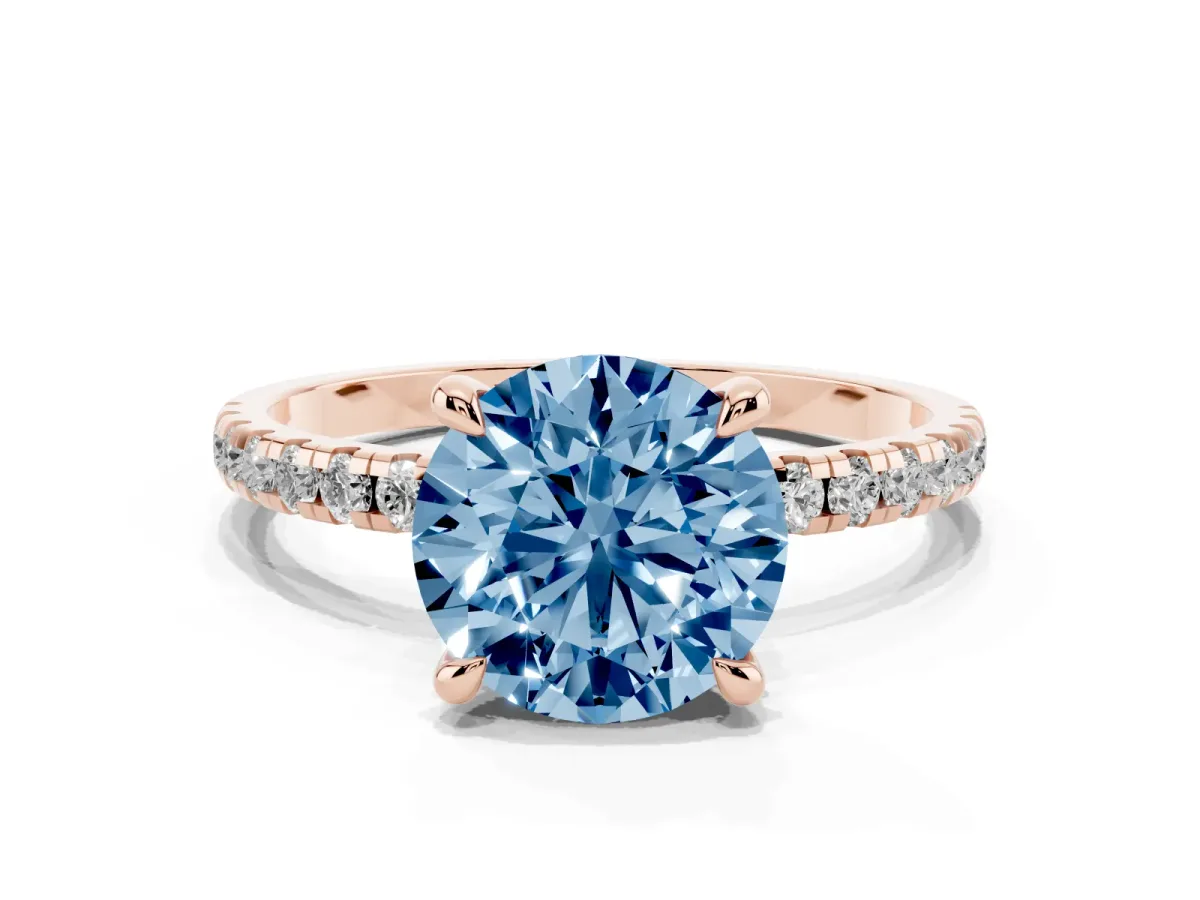 Fancy Blue Round Cut Diamond Brilliant Solitaire Ring with Pavé Band and Four-Prong Setting Rose gold