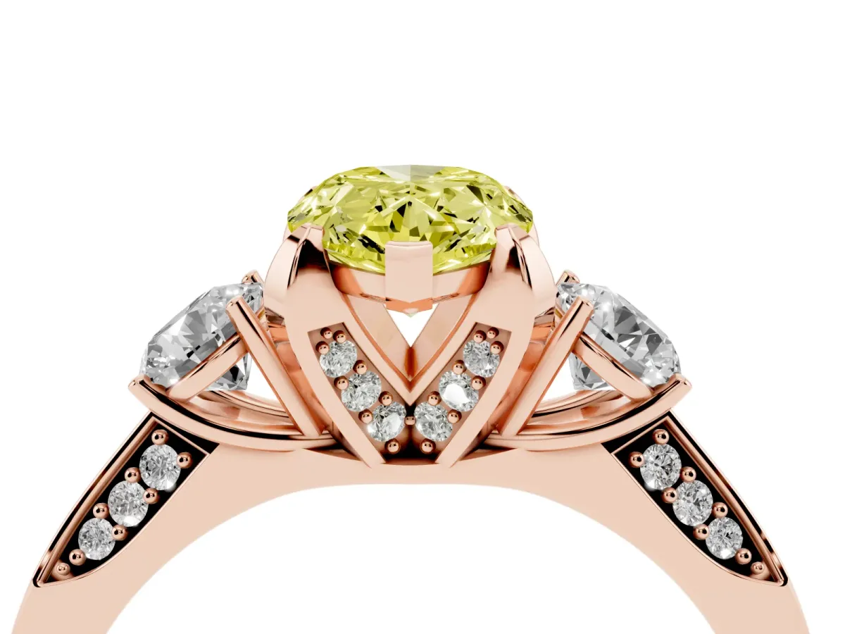 Fancy Yellow Pear Cut Brilliant Three-Stone Diamond Ring with Pavé Band and Four-Prong Setting Rose gold