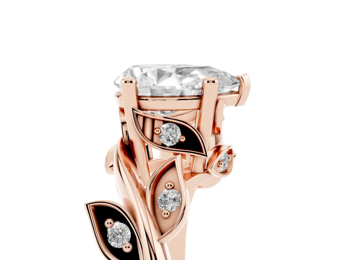 Pear Cut Solitaire Twist Engagement Ring with Leaf Accents and Prong Setting Rose gold