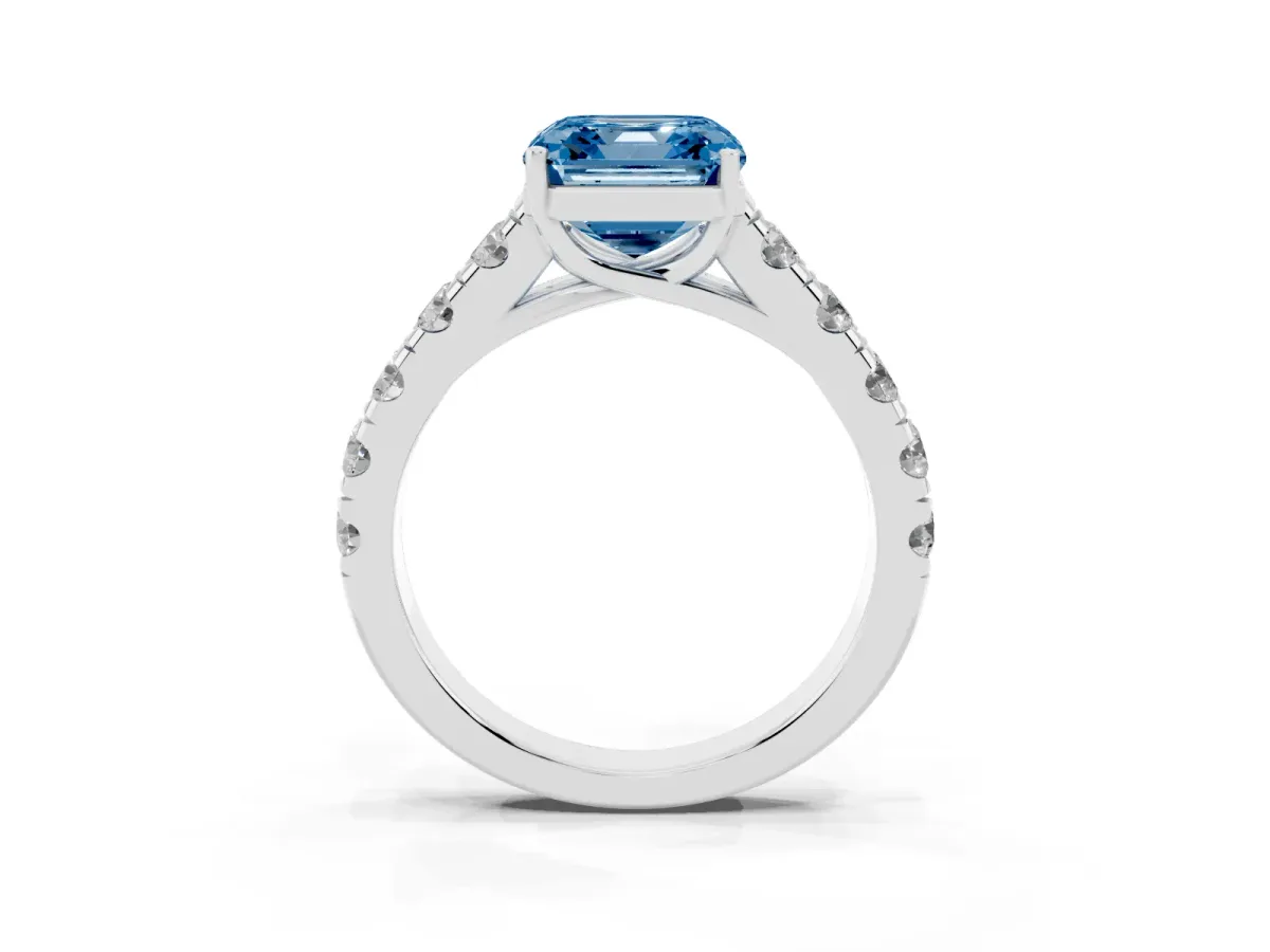Fancy Blue Asscher Cut Cut Diamond Solitaire Ring with Micro Pave Band and Prong Setting Silver