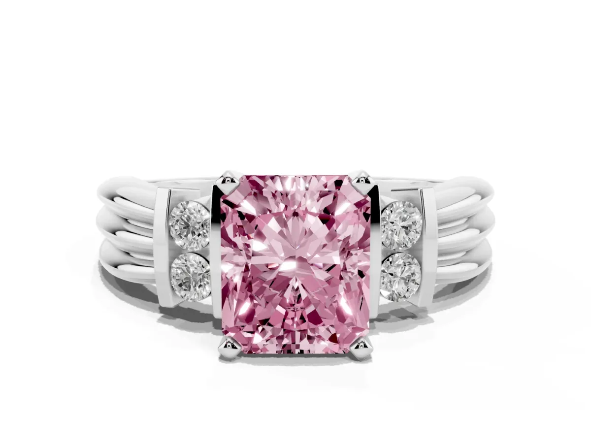 Fancy Pink Radiant Cut Cut Three-Stone Channel Set Ring with Bar Prongs Silver